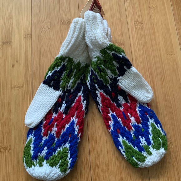 Vintage 1970s Blue Green Red White Bulky Knit Tiffani Mittens Winter Gloves - Picture 7 of 14